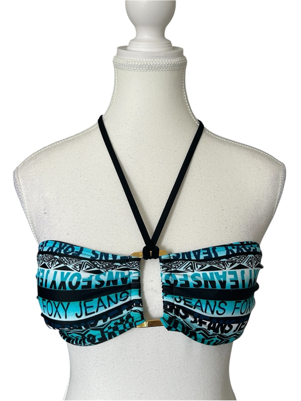 Y2K “FOXY Jeans” Blue and Black Graphic Halter Style Bikini Top